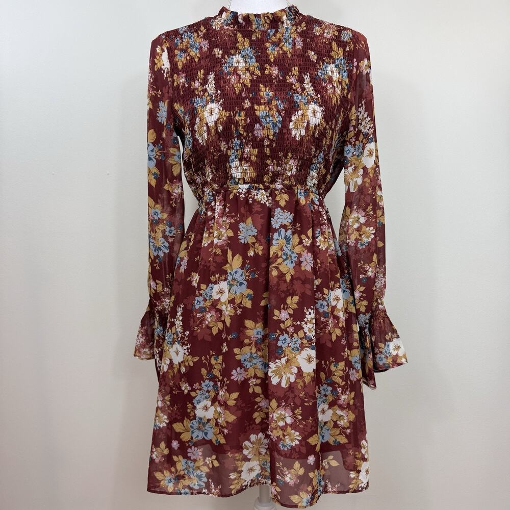 Women's Dress Floral Brown Size Medium Sheer Boho Hippie Ruffled Shirred Peasant